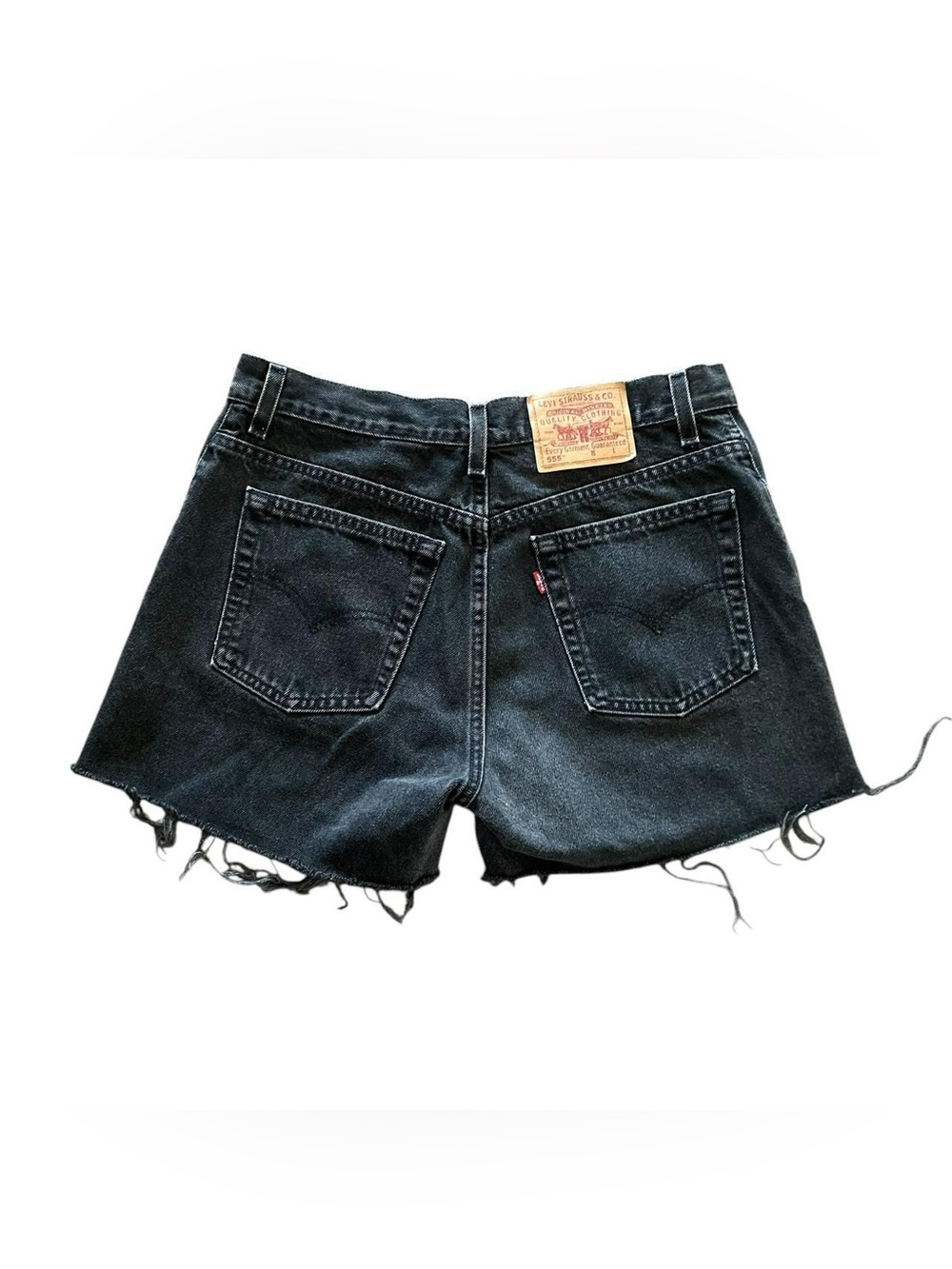 Vintage Levis Women 555 Faded Black Denim ‘Guy’s Fit’ Cutoff Jean Shorts 12